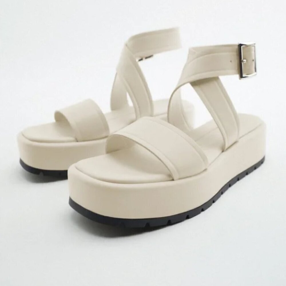 Zara Off White/Cream Leather Flat Strappy Platform Sandals Boho Beach Summer